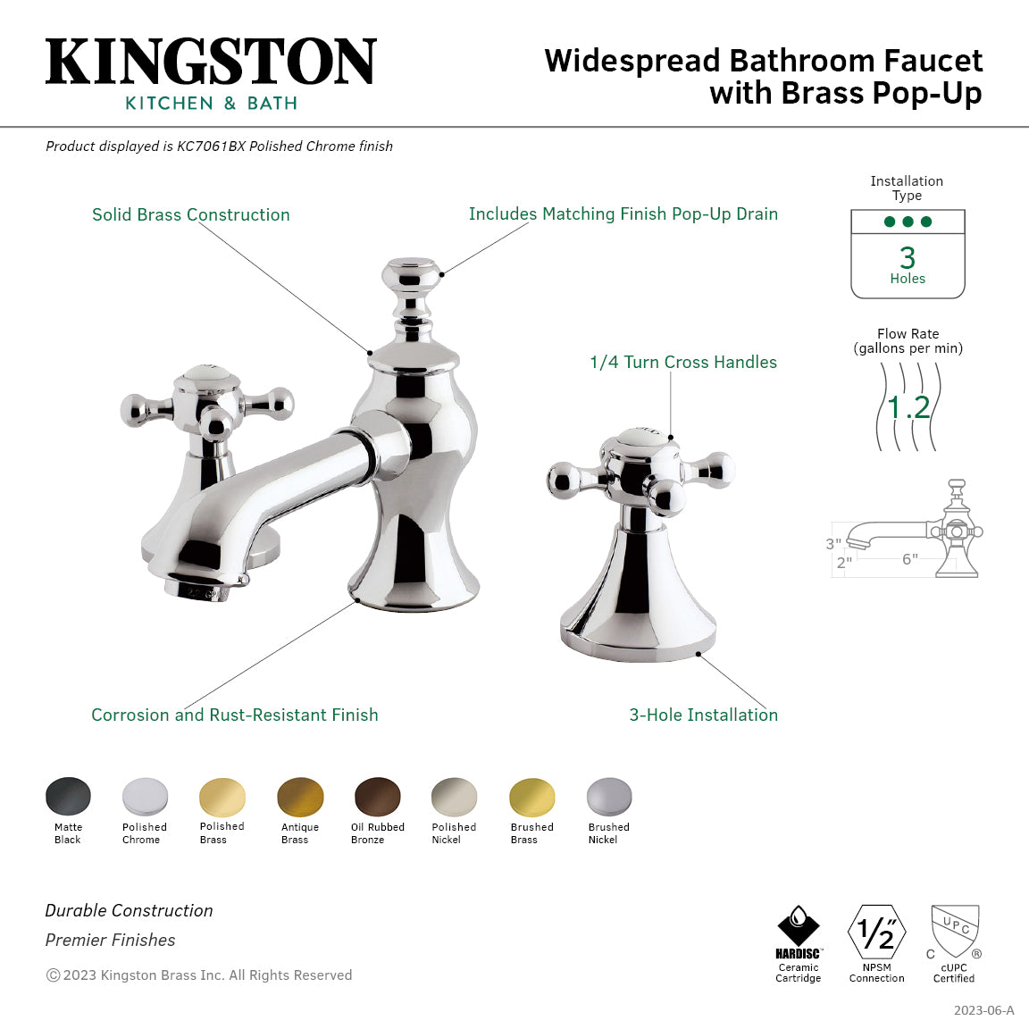 Kingston Tulare KC7068BX - English Country Two-Handle 3-Hole Deck Mount Widespread Bathroom Faucet with Brass Pop-Up, Brushed Nickel — thumbnail 2